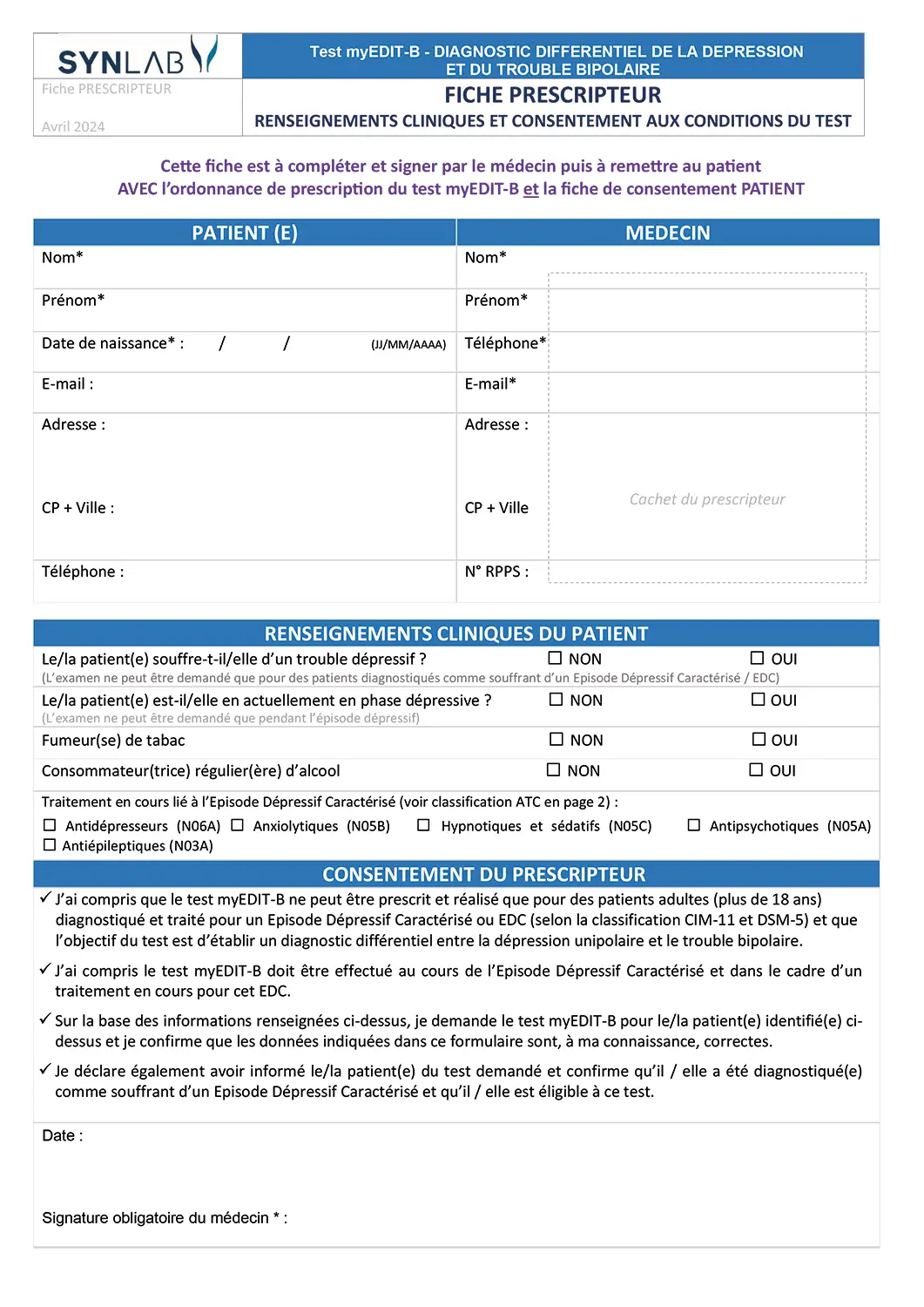 Fiches de renseignement pour le prescripteur et pour le patient